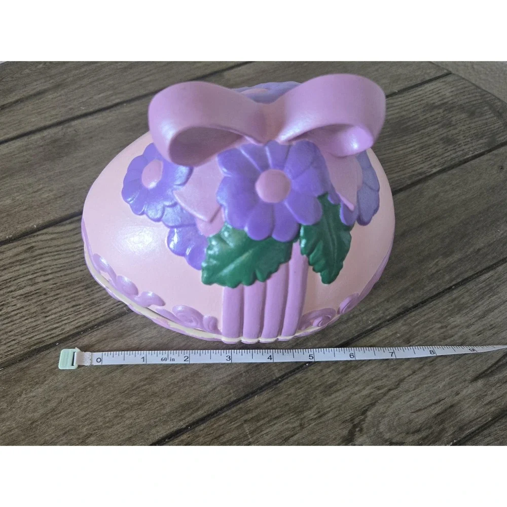Vintage Ceramic Easter Egg Covered Candy Dish Flowers Purple Bow Scroll Ornate